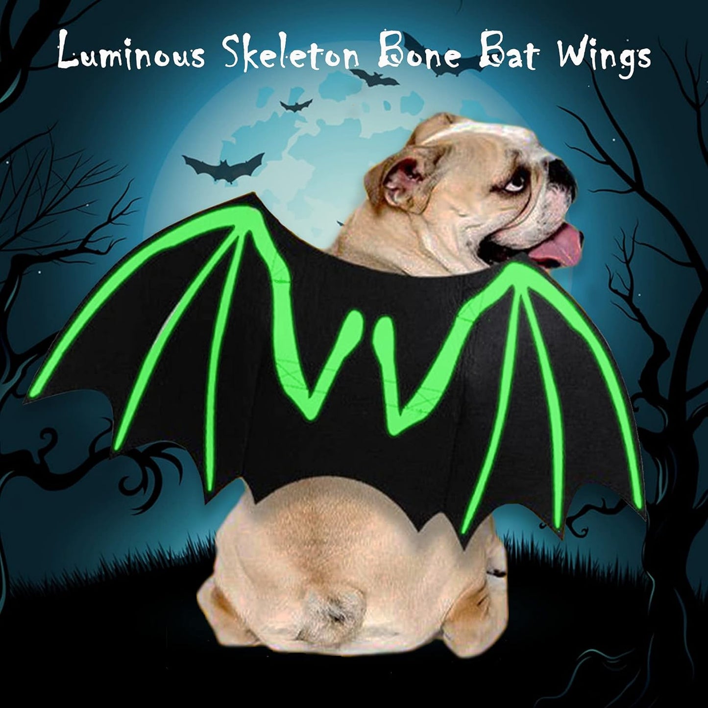 Dog Halloween Costumes, Cool Luminous Skeleton Bone Bat Wings Cosplay Cat Pets Costumes Dress up Apparel Accessories for Kitten Puppies, L