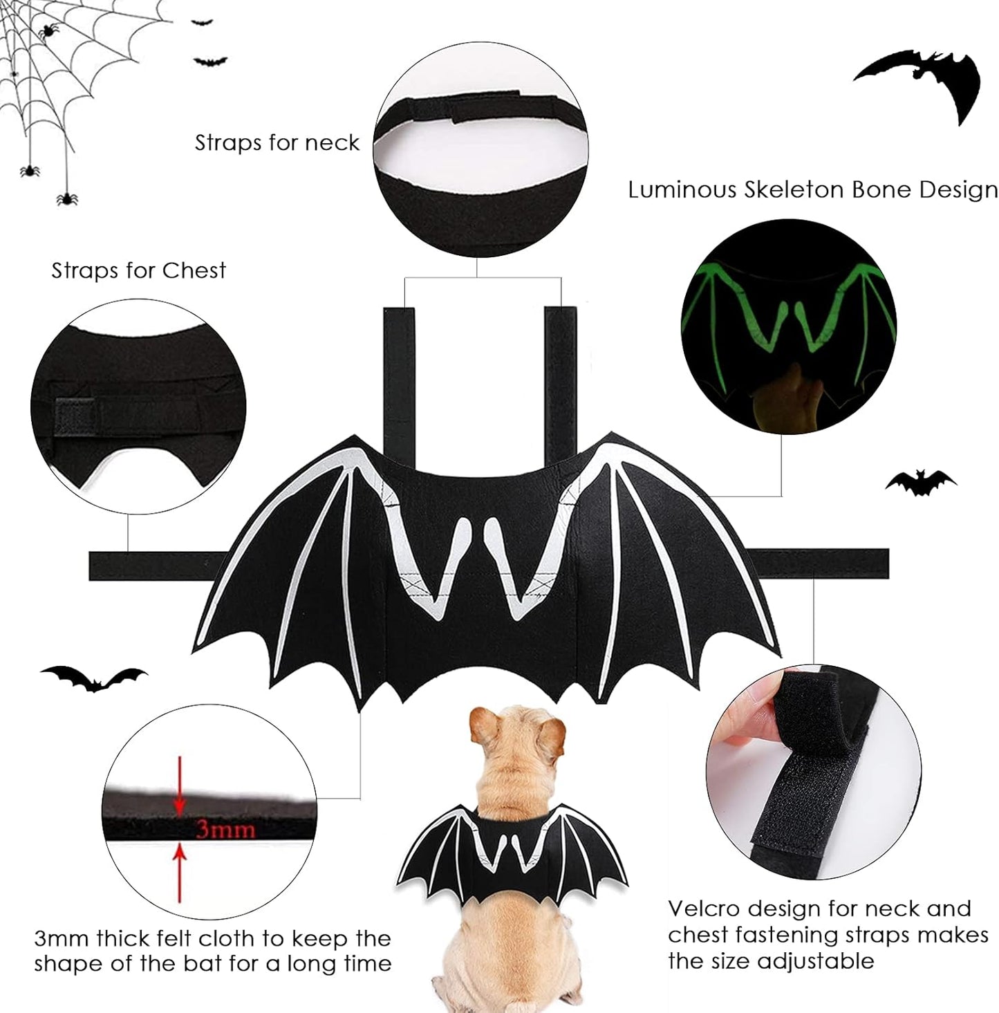 Dog Halloween Costumes, Cool Luminous Skeleton Bone Bat Wings Cosplay Cat Pets Costumes Dress up Apparel Accessories for Kitten Puppies, L