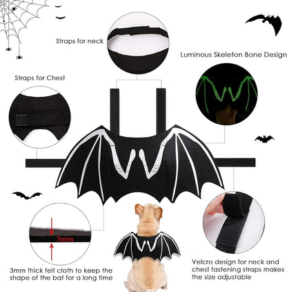 Dog Halloween Costumes, Cool Luminous Skeleton Bone Bat Wings Cosplay Cat Pets Costumes Dress up Apparel Accessories for Kitten Puppies, L