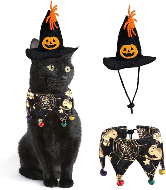 Cat Christmas Clothes，Cat Clothes，Pet Cat Halloween Party Decoration Cloak Hat Dog Collar Leader Halloween Hat Bib Suit Cute Dog Cat Dress up Accessories (Spider Web Suit)